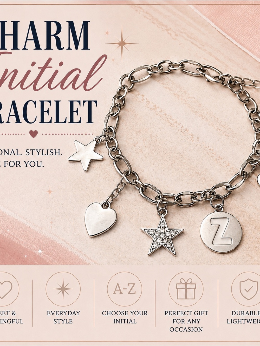 paparazzi Silver-Tone Initial Charm Bracelet with Heart & Star A-Z